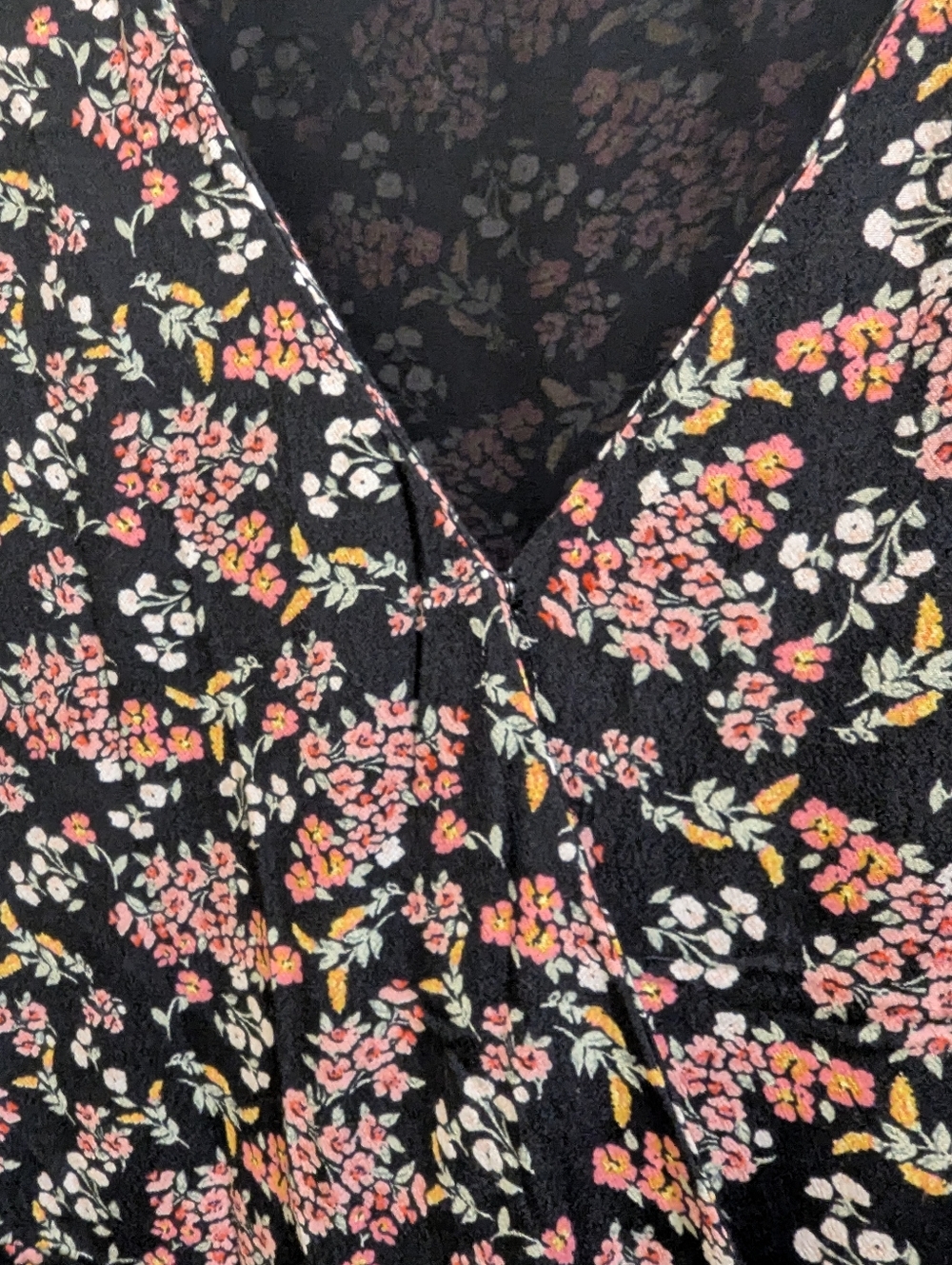 LOFT Black Floral Wrap Romper with Pink & Cream Flowers V-neck Tie Waist- 14 - Picture 9 of 16
